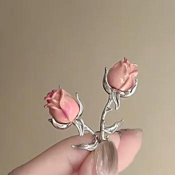 Реколта метални лакирани обеци с розово цвете за жени, модни преувеличени сребърни обеци с клони, бижута, подарък за рожден Ден
