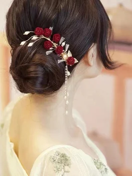Реколта малка шнола за коса, страничната скоба, Страничният ръб, Червено цвете скоба За младоженци, Сватбени аксесоари за шаферките, Аксесоари за коса
