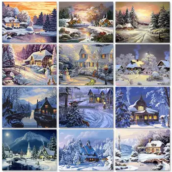 GATYZTORY 60x75 см Боята по номера За възрастни, живопис върху платно, Къща в снега, Художествена живопис, Домашен декор