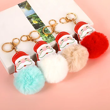 Сладък Коледен Ключодържател с кожа топка От Изкуствена кожа с Анимационни Дядо Коледа, Плюшени топки, Ключодържател, Дамски чанти и калъфи за ключове, Висящи висулки, подаръци за партита