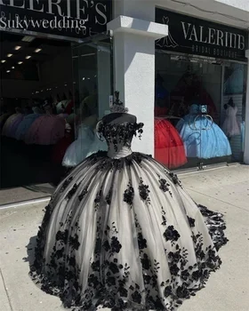 Черни Буйни рокли с 3D Цветя, Корсет на гърба с открити рамене, Сладки 16 Празнични Рокли за Рожден Ден, Vestido De 15 Anos