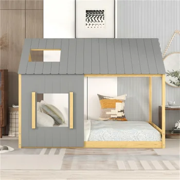 Легло за дома в реален размер, С покрив и прозорец, Сив + Натурална, Здрав, Лесен за сглобяване, подходяща за мебели за спални