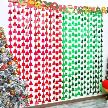 2 Опаковане на Коледни Пердета с Ресни от Фолио, декорация за Коледно парти, Червена Зелена Елха, Сърма с Ресни, Фотофон за Парти за Коледа, Нова Година