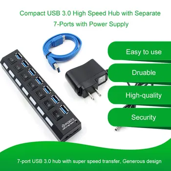 7/4 Високоскоростен USB хъб 3.0 с отделни семейство порта Компактен Лек адаптер за захранване Концентратор с блок захранване