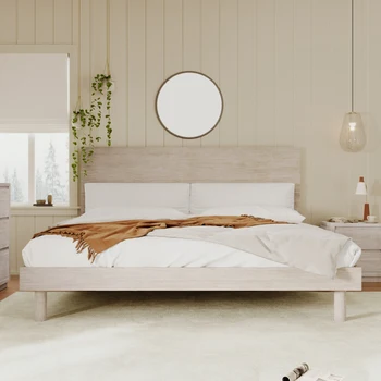 Сив Модерен елегантен рамка на легло на платформата от масивна дървесина, поп, камък за вътрешна мебелировка за спални