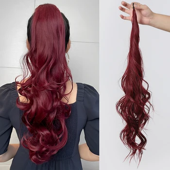 Кубче за коса, Гъвкав обръч за изграждане на конска опашка, Дълги Вълнообразни изкуствена коса от синтетични cauda equina Вино-червено за жени, Cosplay, ежедневна прическа