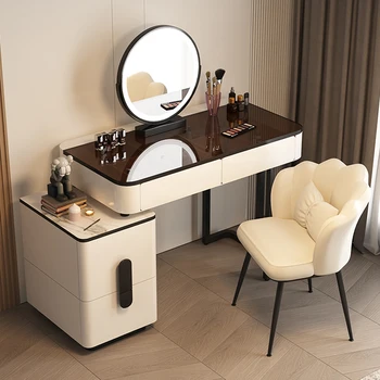 Бяла Тоалетка с Огледало И Табуреткой За Момичета, Дървена Тоалетка в Скандинавски Стил, Порцелан, Мебели за Спални