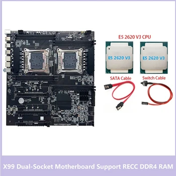 Дънна платка настолна X99 LGA2011-3 с две процесори Поддържа памет RECC DDR4 с процесор 2XE5 2620 V3 + кабел SATA + Кабел за превключване на