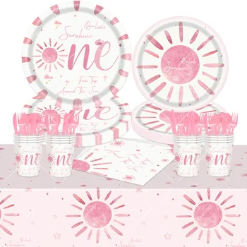 Прибори за еднократна употреба Pink Бохемска Sun Хартиени чинии и Чаши За Бохемска Sun Kids 1st Happy Birthday Party Decoration