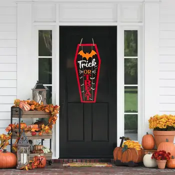 Ярко Цветно украса врати за Хелоуин, Зловещ трик или лечение, окачване на дверную табелка за Хелоуин, здрав дървен знак за по-удобно у дома