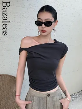 2023 bazaleas store трафика на Годишна Секси обтягивающая тениска с асимметрией черен цвят, къси кратки върхове, официалната дамски дрехи
