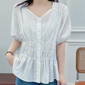 Бохемски топ за жени, годишният японски стил, v-образно деколте, къс ръкав, бяла риза с бродерия в стил бохо, однотонная в памучна риза, дамски ризи y2k clothe