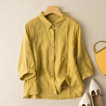 Летни дамски Ежедневни риза с 3/4 ръкав, зелена, Жълта, Бяла, червен памучен Бельо риза, Дамски Дрехи, Свободни топове, ризи