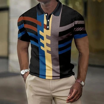 Лятна мъжка риза с къси ръкави, риза за голф с геометричен ревера, 3D печат, улични копчета с къси ръкави, Модерни ежедневни дишащи