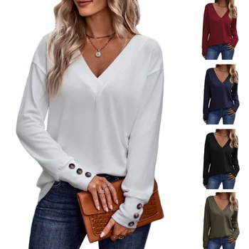 Дамски блузи, Пролетно-есенни тениски, Ежедневни тениски с дълъг ръкав, блузи с V-образно деколте