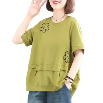 Напълно памучен дамски тениски с къс ръкав 2023, Нова лятна корейската версия, пуловер с бродерия, Модни и ежедневни дамски тениска, топ