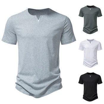 Нова лятна мъжки ежедневни тениски с V-образно деколте и къси ръкави от лек памук, обикновена тънки блузи, мъжки дрехи, тениски
