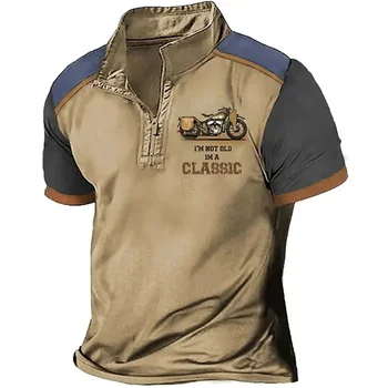 Реколта мъжки ризи Поло с къс ръкав, мотоциклети 3d принт, ревера на мълния, Мъжки топ, Висококачествена мъжка риза Оверсайз, Ежедневни облекла