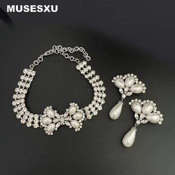 Нов стил, Реколта висококачествени Луксозни обеци с перли и кристали, с огърлица, Комплект бижута от 2 теми за дамски партита, подарък