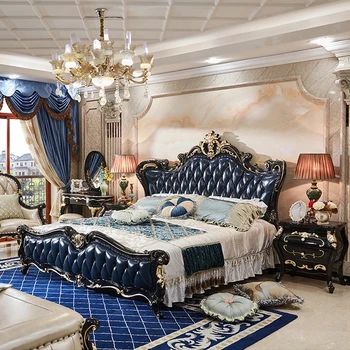 Луксозна удобно легло от естествена кожа царски син дизайн на дървени двойни легла