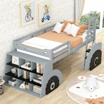 Спалня, таванско помещение Легло в формата на кола-количка с рафтове за съхранение, Детско легло, една Забавна легло-кола-товарач, сладко легло, подходяща за спалня