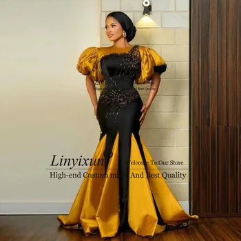 Златисто-черни сатенени рокли за абитуриентски бал, смесен цвят, расшитый мъниста, Плюс Размера на Вечерна рокля, с кръгло деколте, Вечерна рокля в африка Нигерия стил с Русалочкой