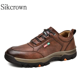 Реколта кафяви Черни ботуши от естествена кожа за Мъже Градинска Мода Водоустойчив, спортни обувки за ходене на дантела-Ежедневни обувки